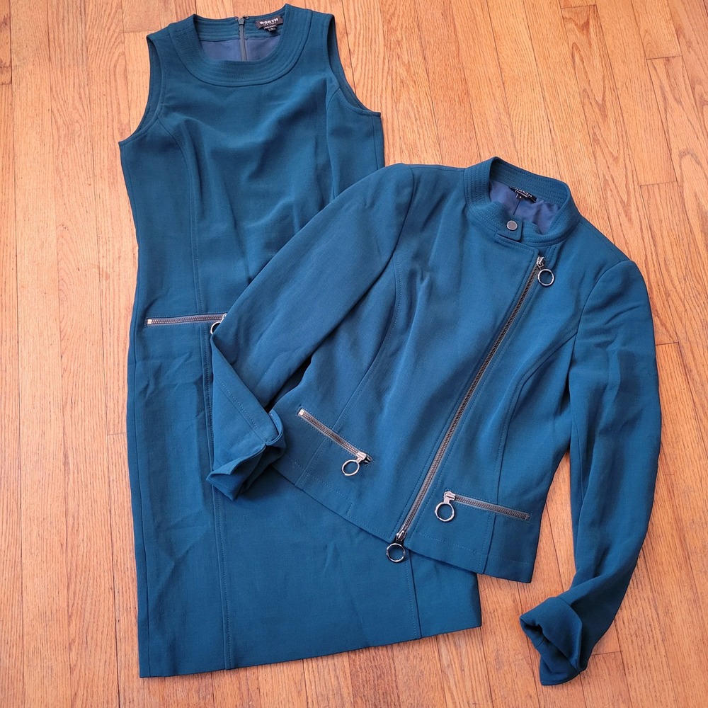 Worth NY 0 Dress Jacket Set Teal Blue Moto Zip O Ring Professional Wool Academia